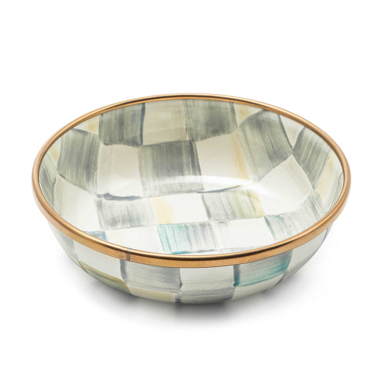 Hand-painted grey check enamel relish dish with bronzed stainless steel rim on heavy-gauge steel.