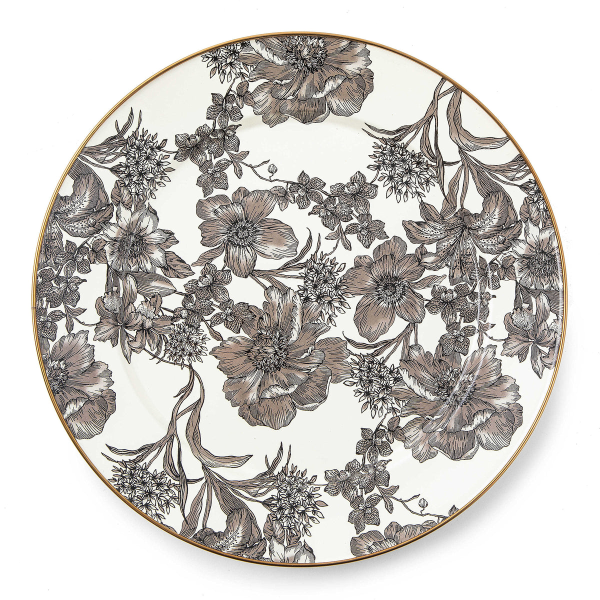 English Garden floral enamel charger with bronzed stainless steel rim on heavy-gauge steel base.