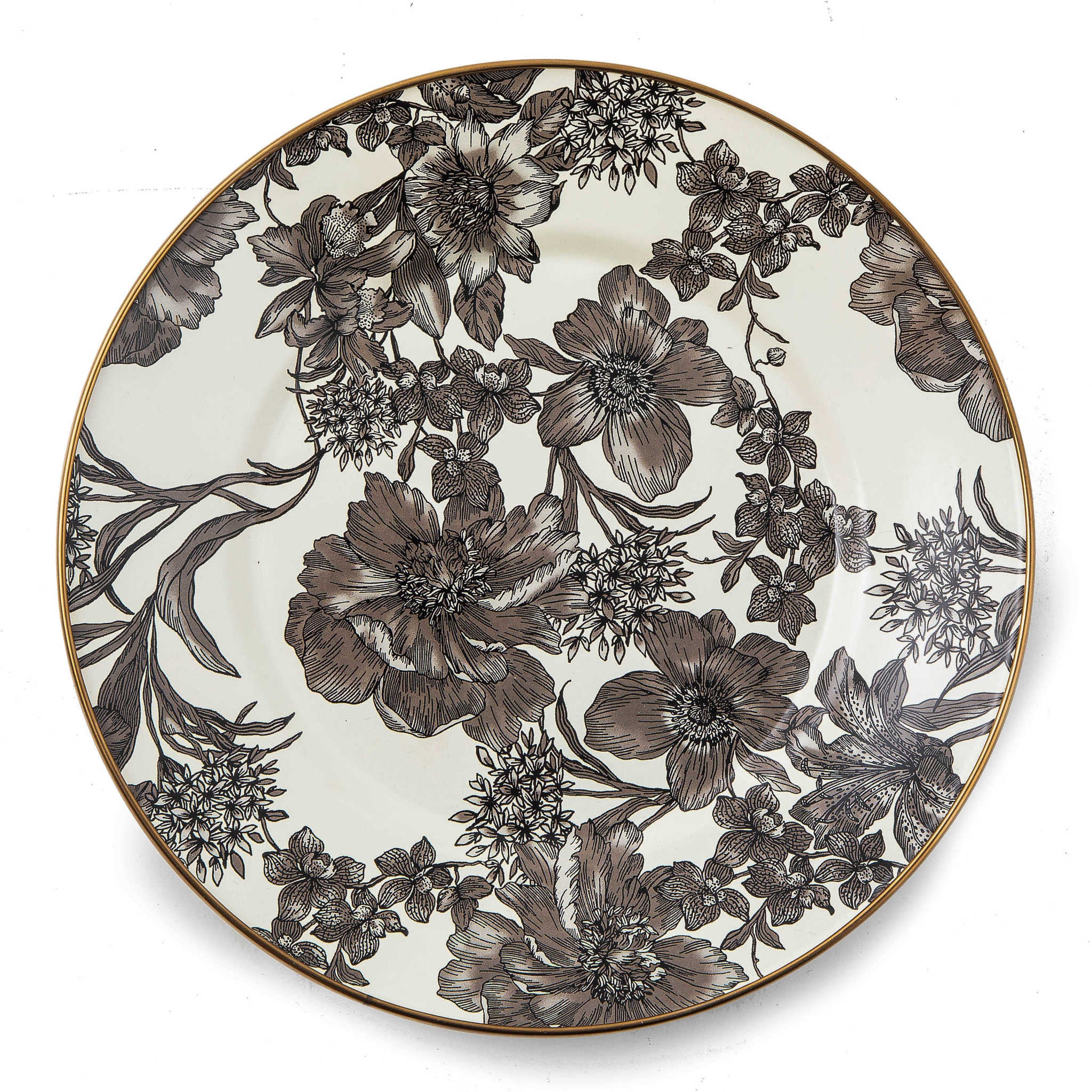 Black enamel dinner plate with grey floral transfer pattern and bronzed stainless steel rim.