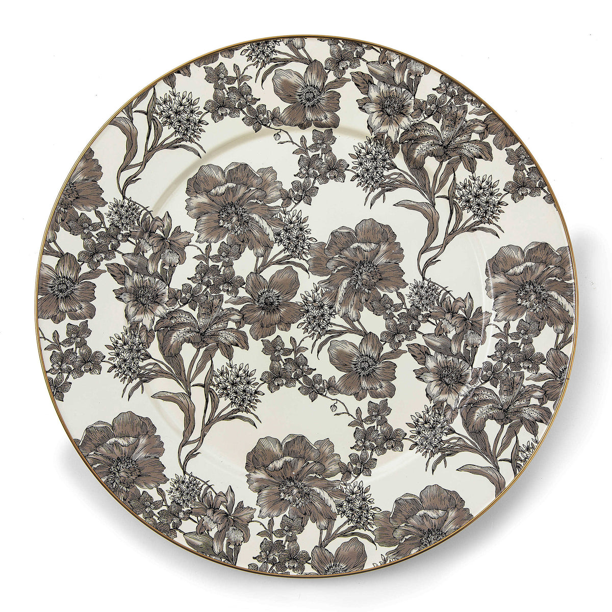 English Garden floral enamel serving platter with bronzed stainless steel rim