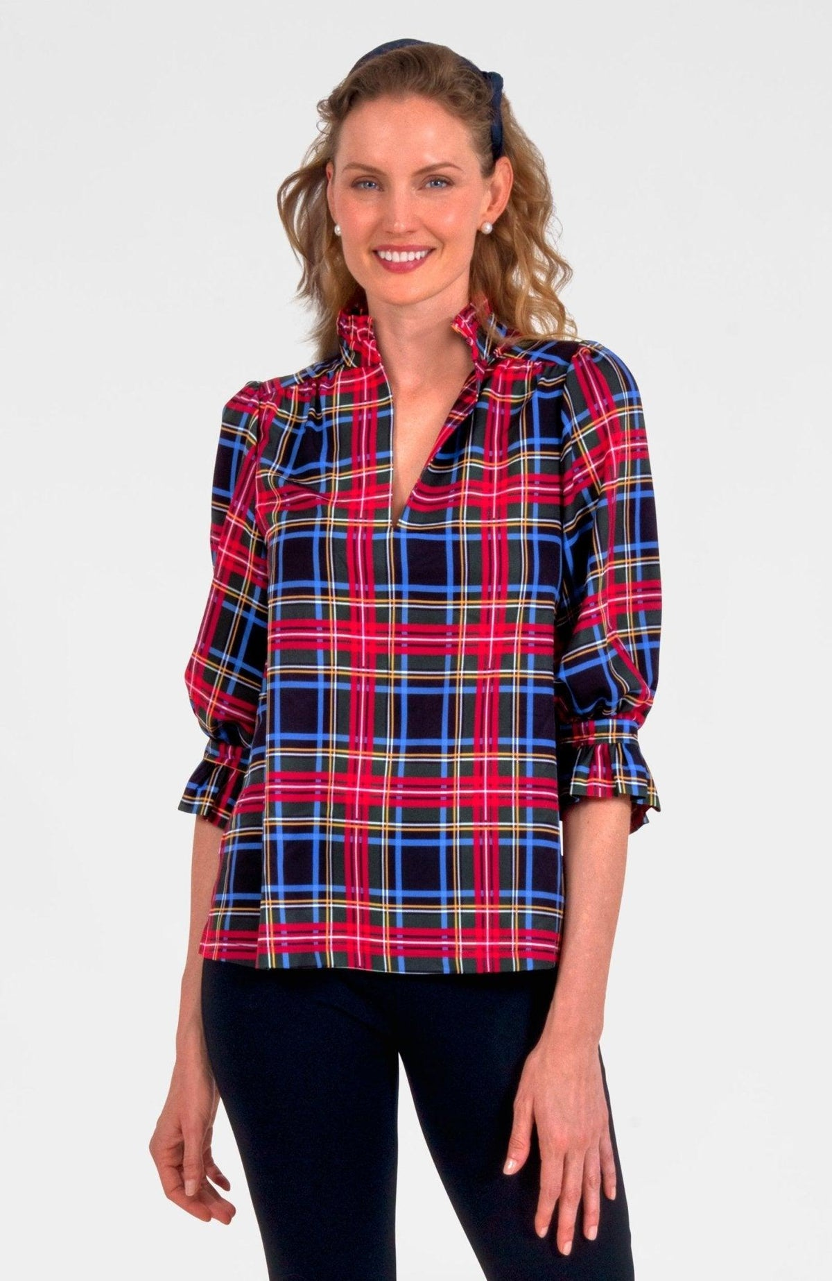 Niana Stewart Plaid Ruffleneck Tunic Black Multi