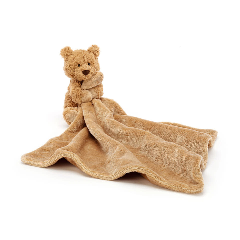Bartholomew Bear Soother in soft grey recycled polyester fabric with rounded ears and a chocolate drop nose hugging an un-stuffed square soother.