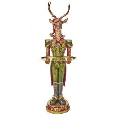 38-inch resin gentleman deer statue in a green and red uniform holding a gold tray.