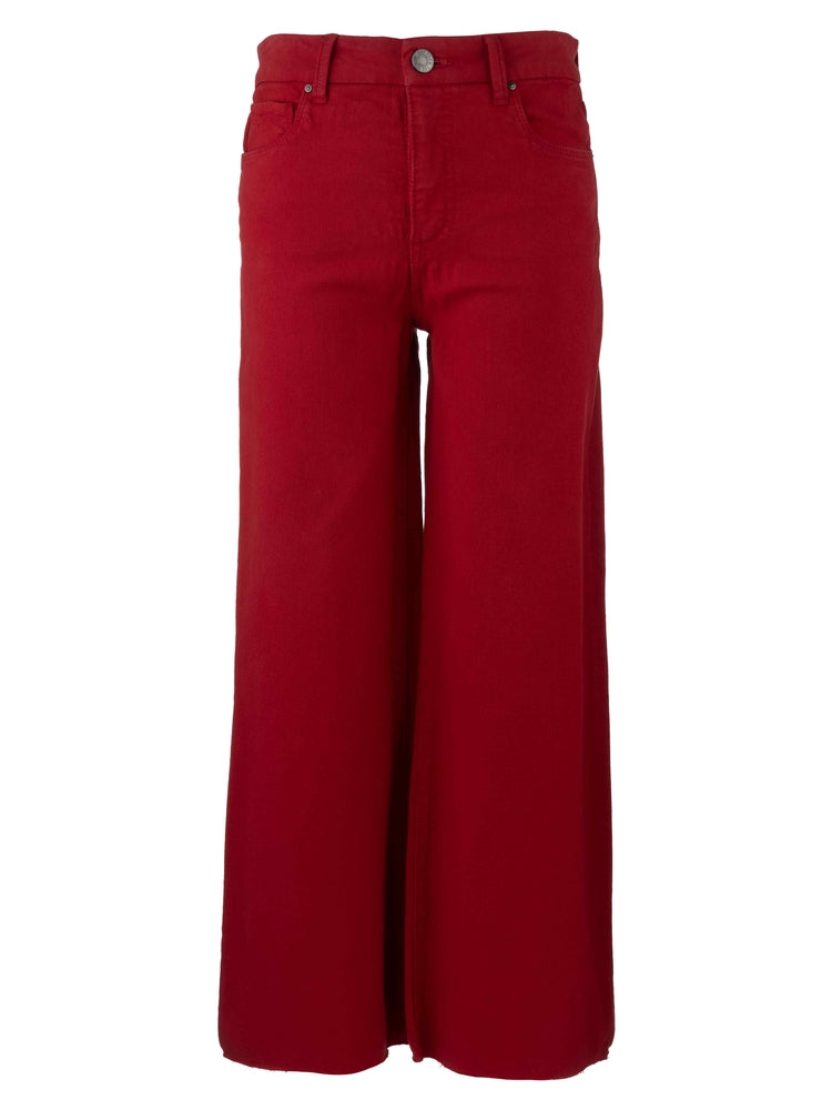 Meg high-rise wide leg jeans in a rich red wash with a raw hem.