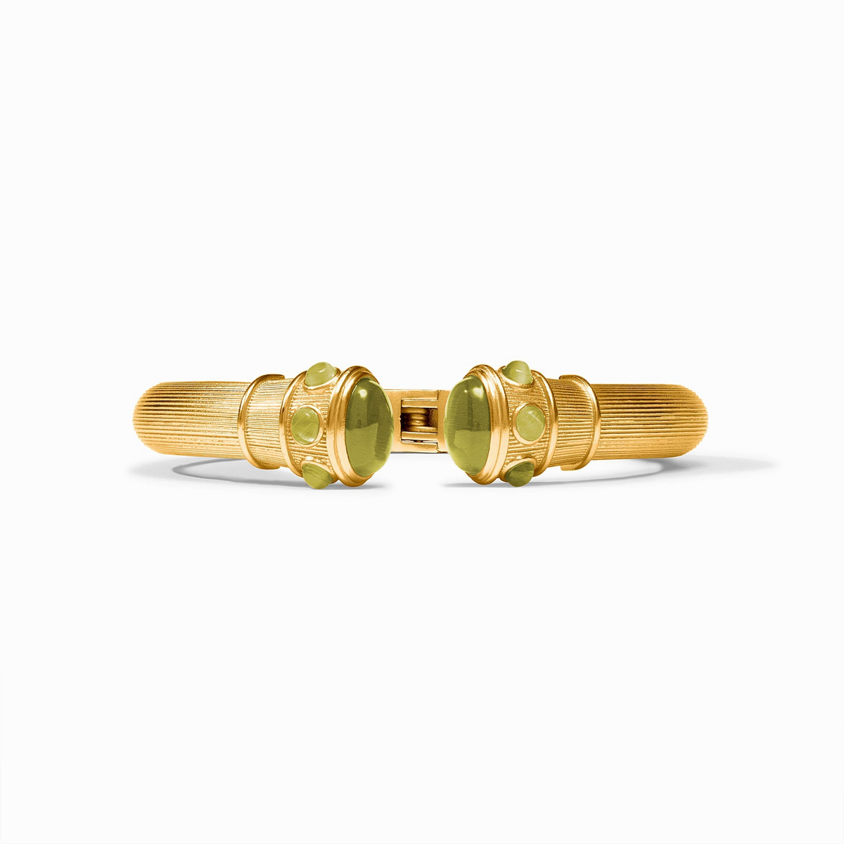 Cobblestone Demi Cuff in 24K gold plate with green glass cabochons and a spring hinge closure.