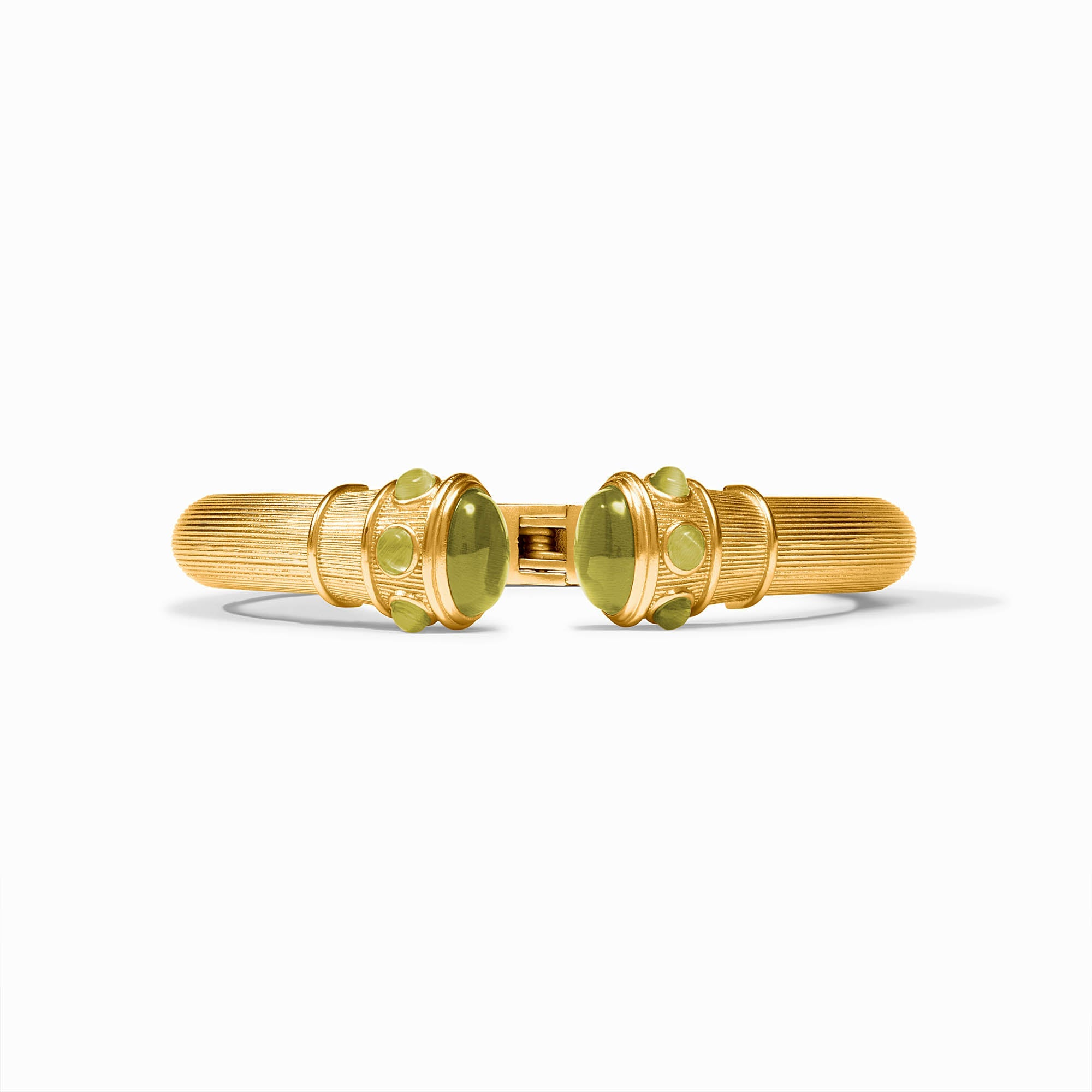 Cobblestone Demi Cuff in 24K gold plate with green glass cabochons and a spring hinge closure.