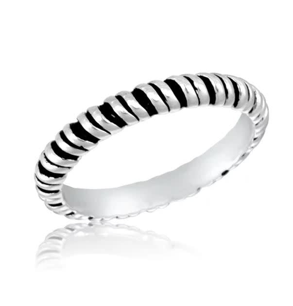 Silver stack ring with a textured, ribbed, and spiraled design on a white background.