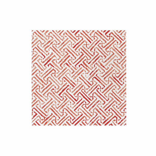 Papersoft dinner napkin with a red and white geometric interlocking fretwork pattern.