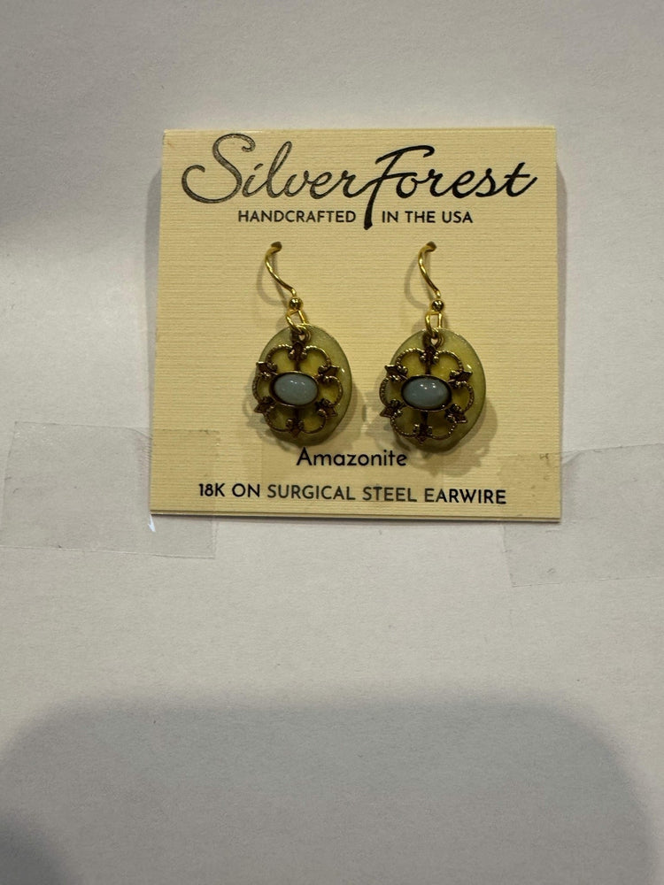 Handcrafted surgical steel filigree earrings with oval stones on fish hook backs.