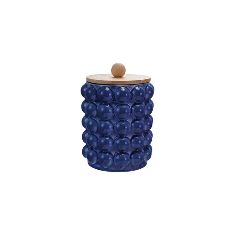 Round stoneware canister with raised dot texture and wooden lid