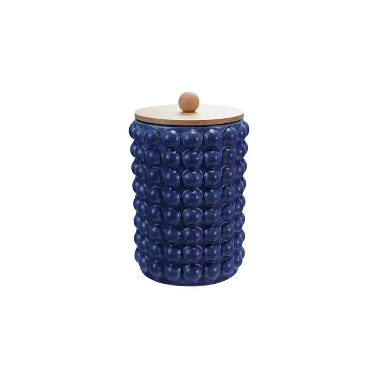 Round stoneware canister with raised dot texture and wooden lid