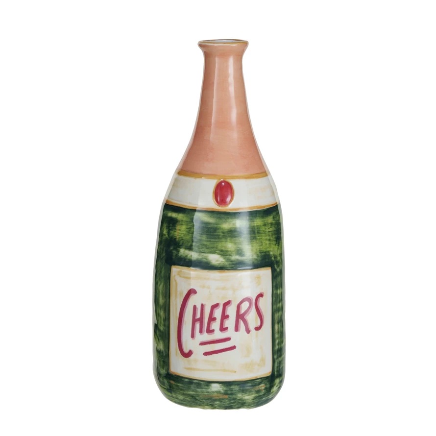 Multi-colored stoneware vase shaped like a champagne bottle with 'Cheers' text.
