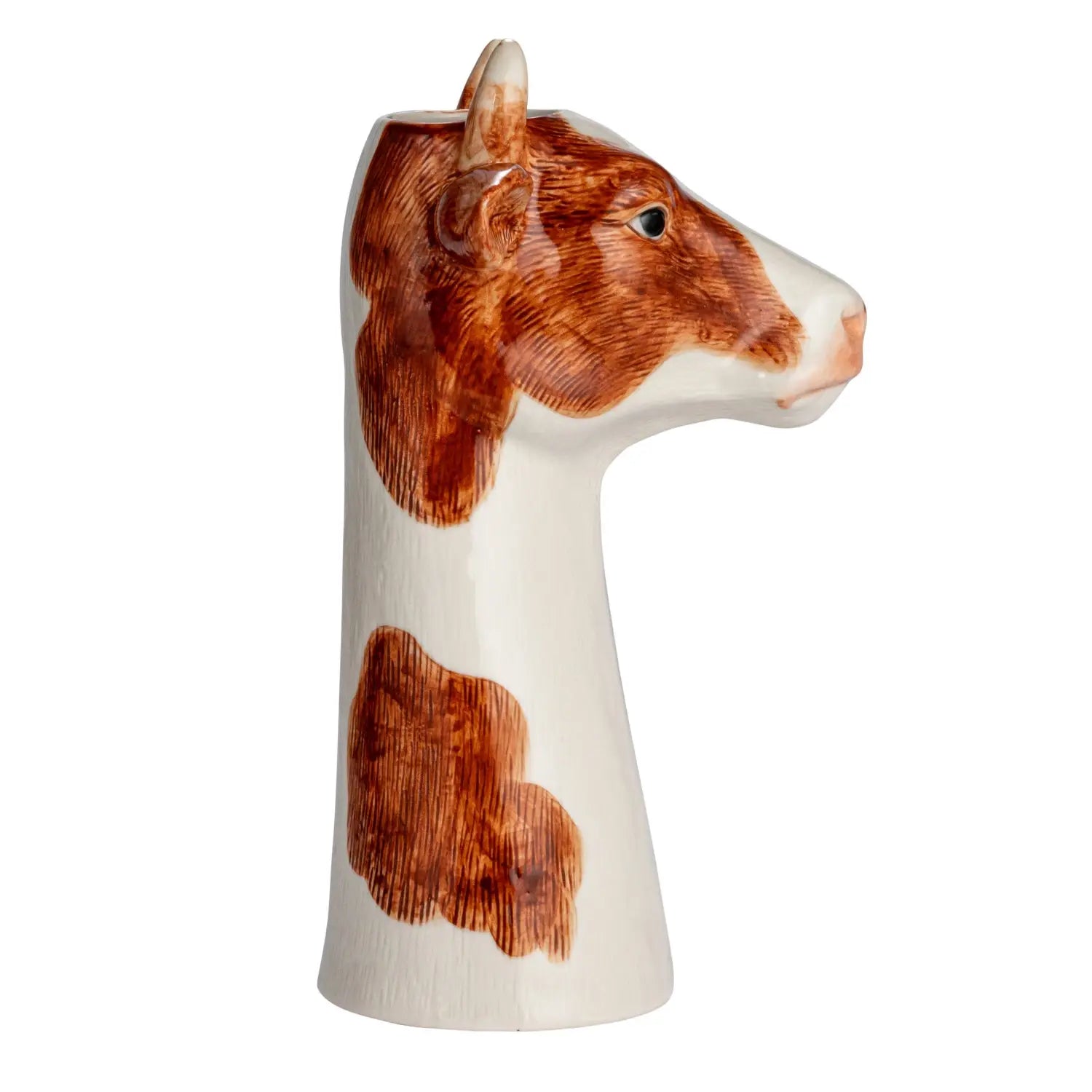 Round stoneware cow vase with hand-painted spotted pattern in natural earth tones.