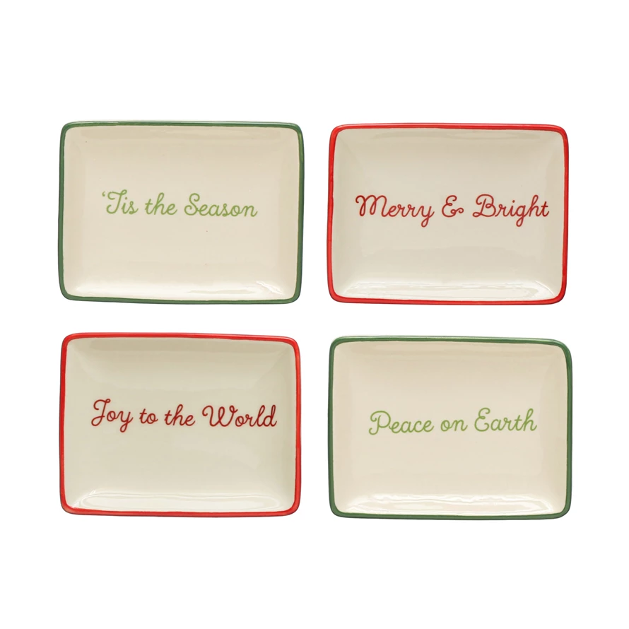 Stoneware Dish With Holiday Words & Red/Green Rim - Sold Individually