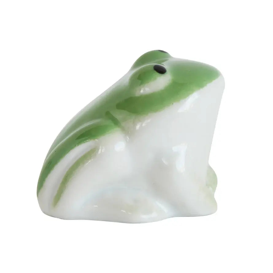 Small brown stoneware frog figurine with smooth texture sitting upright.