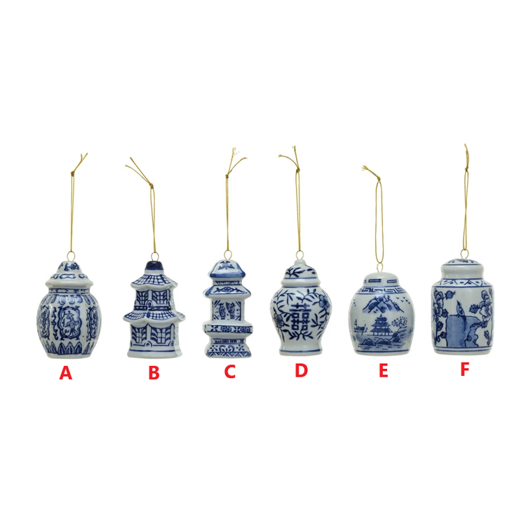 Blue stoneware ginger jar ornament with white speckled pattern