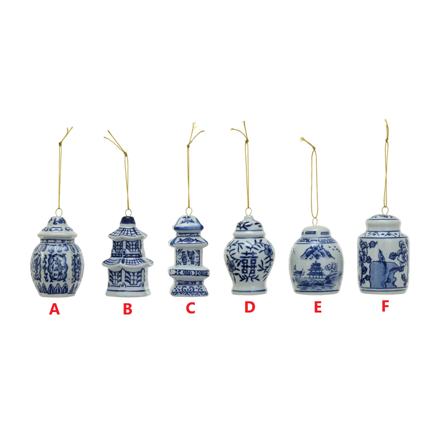 Blue stoneware ginger jar ornament with white speckled pattern