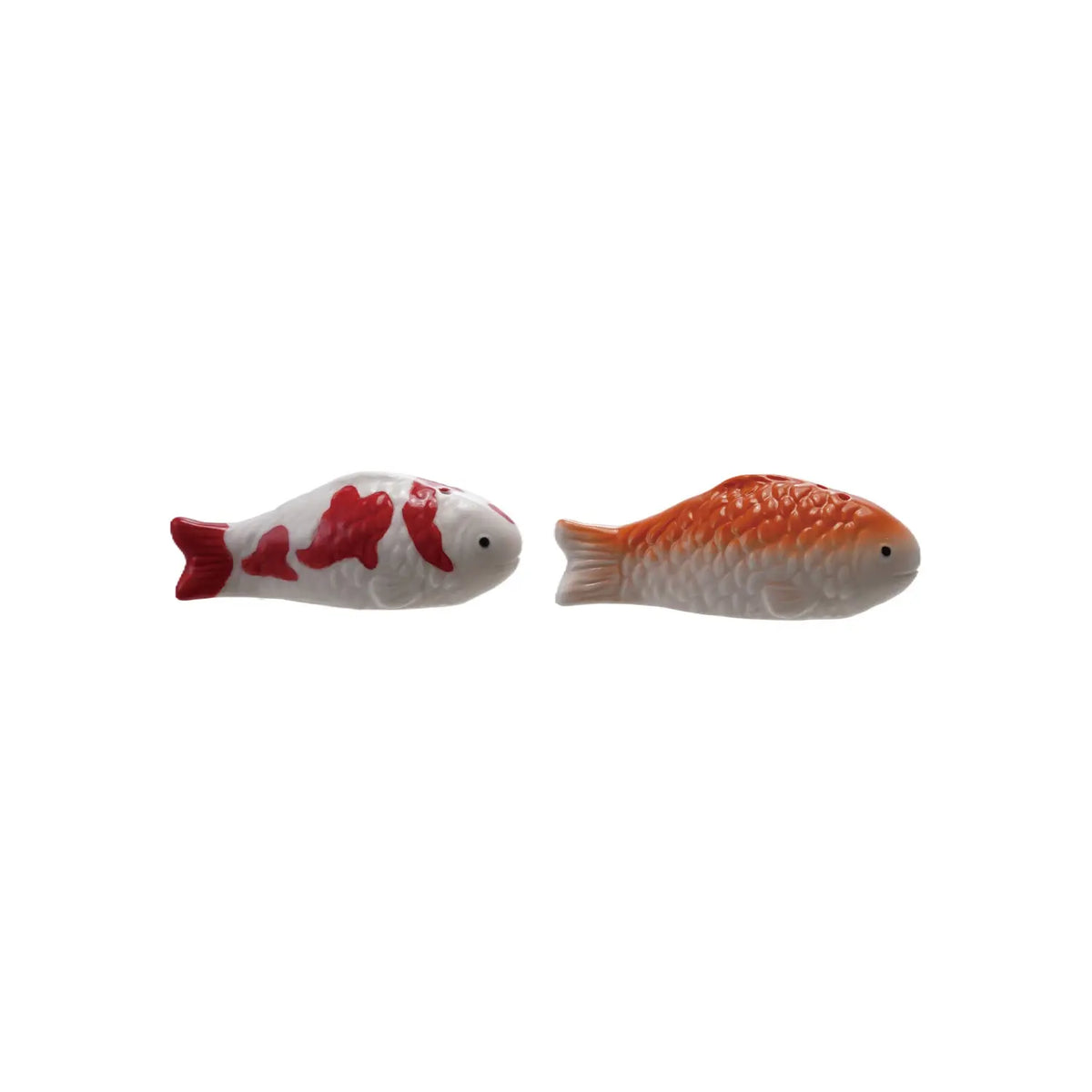 Stoneware salt and pepper shakers shaped as koi fish with detailed scales in earthy tones.