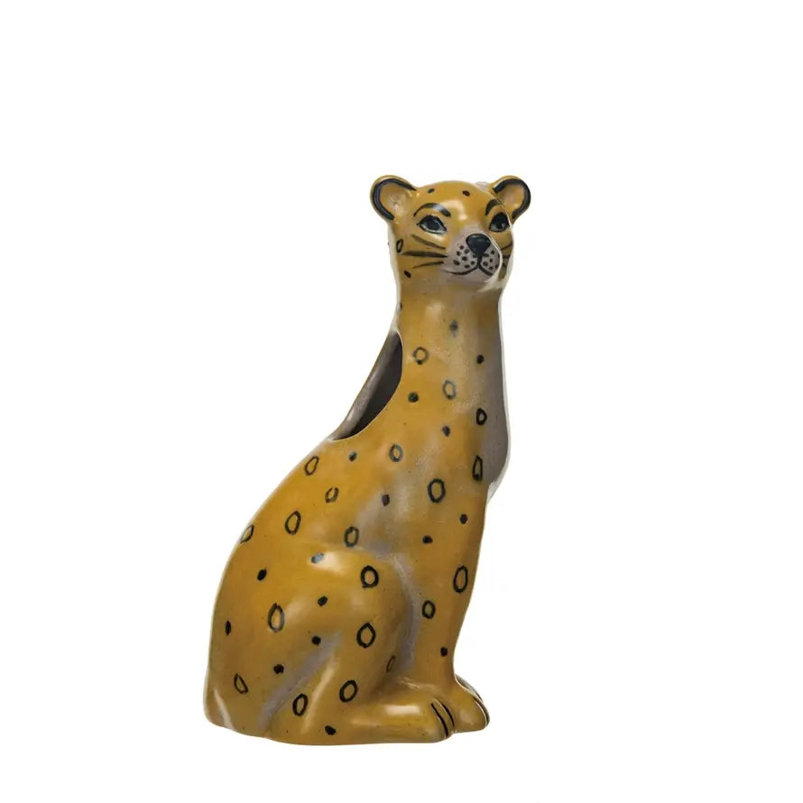 Hand-painted stoneware vase shaped like a leopard with crackle glaze finish