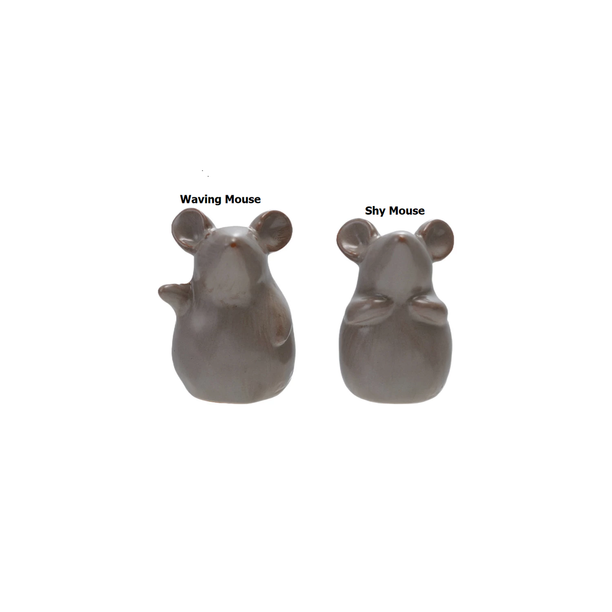 Stoneware mouse figurine with a speckled reactive glaze finish in earthy tones.