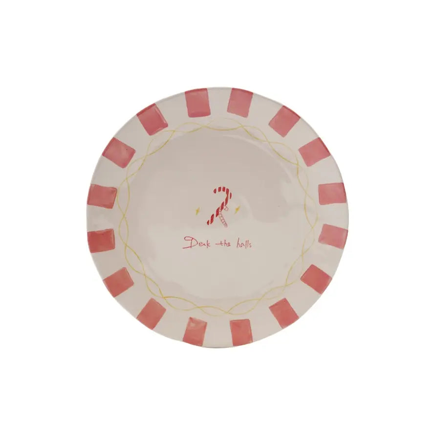Square stoneware plate with 'Deck the Halls' text and candy cane accents in festive red and white.