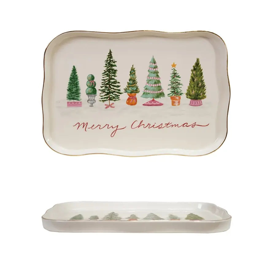 Multi-color stoneware platter with Merry Christmas text in festive pattern.