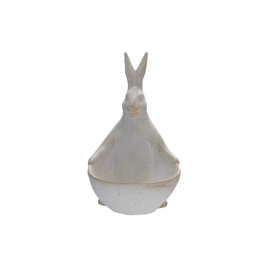 Stoneware rabbit planter with integrated bowl in rustic finish