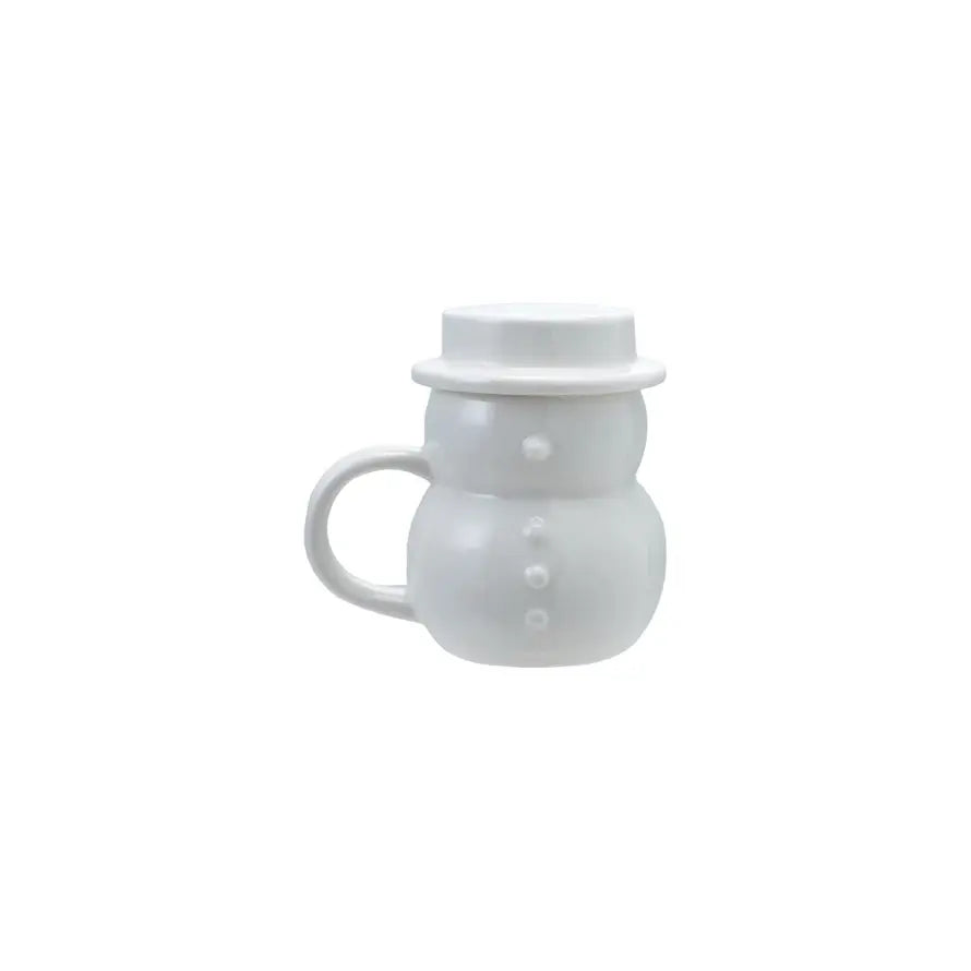 White stoneware snowman mug with a hat-shaped lid