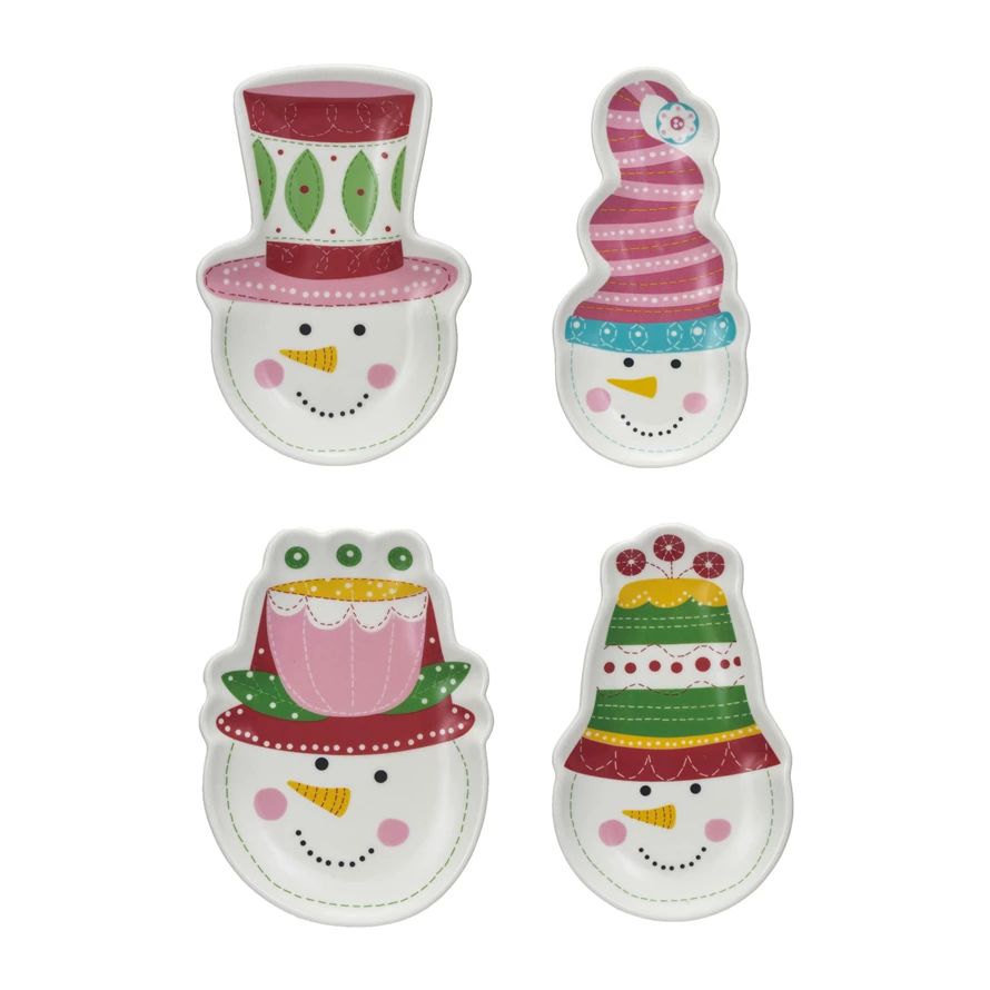 Stoneware snowman face dish with colorful hat pattern