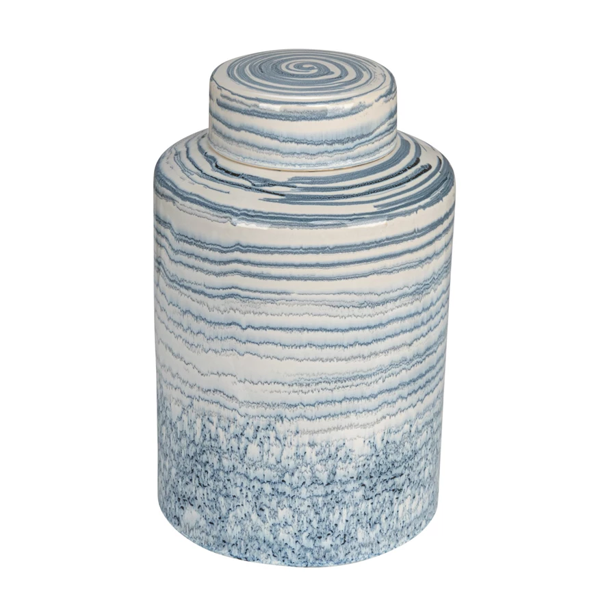 Round stoneware ginger jar with blue and white reactive striped glaze on a domed lid.