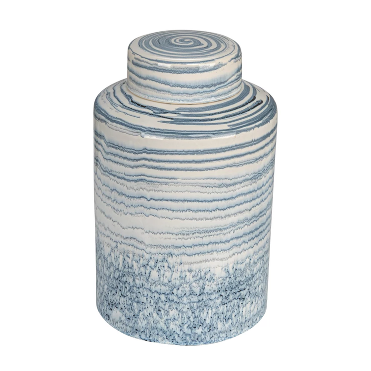 Round stoneware ginger jar with blue and white reactive striped glaze on a domed lid.