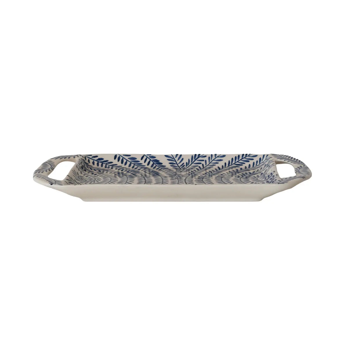 Hand-painted stoneware tray with botanical pattern in earthy tones featuring two handles.