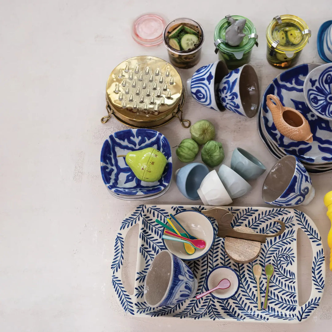 Stoneware Tray with Botanical Pattern & Handles