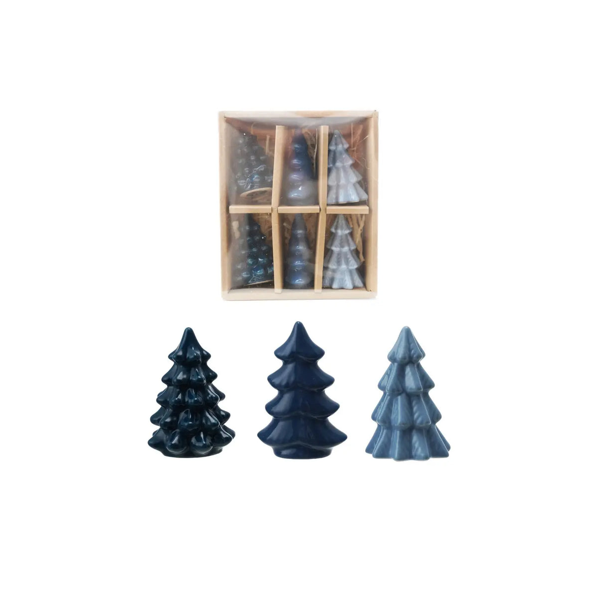 Set of two blue stoneware tree figurines with textured foliage silhouettes.