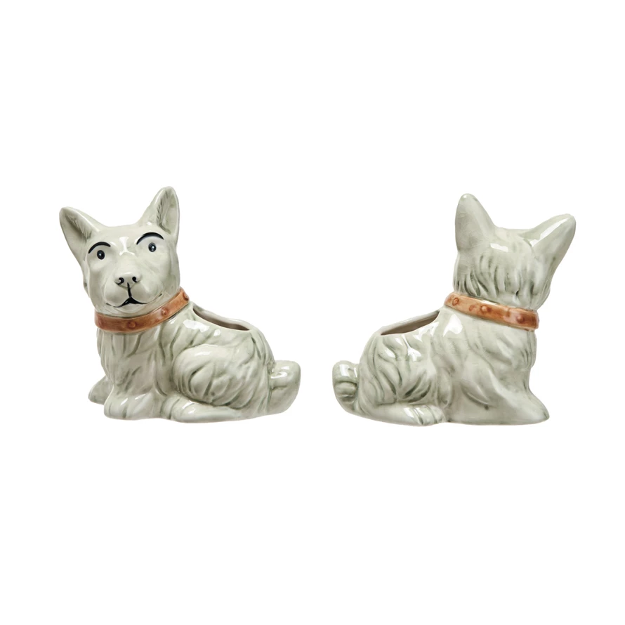 Stoneware vintage reproduction planter with crackle glaze finish in a playful Scotty dog silhouette.