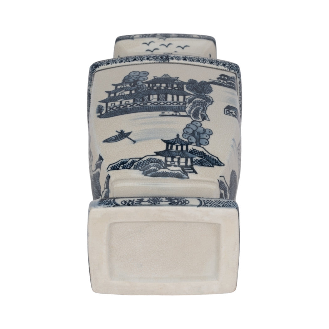 Bottom view of a 15 inch blue and white ceramic chinoiserie temple vase with landscape scene.