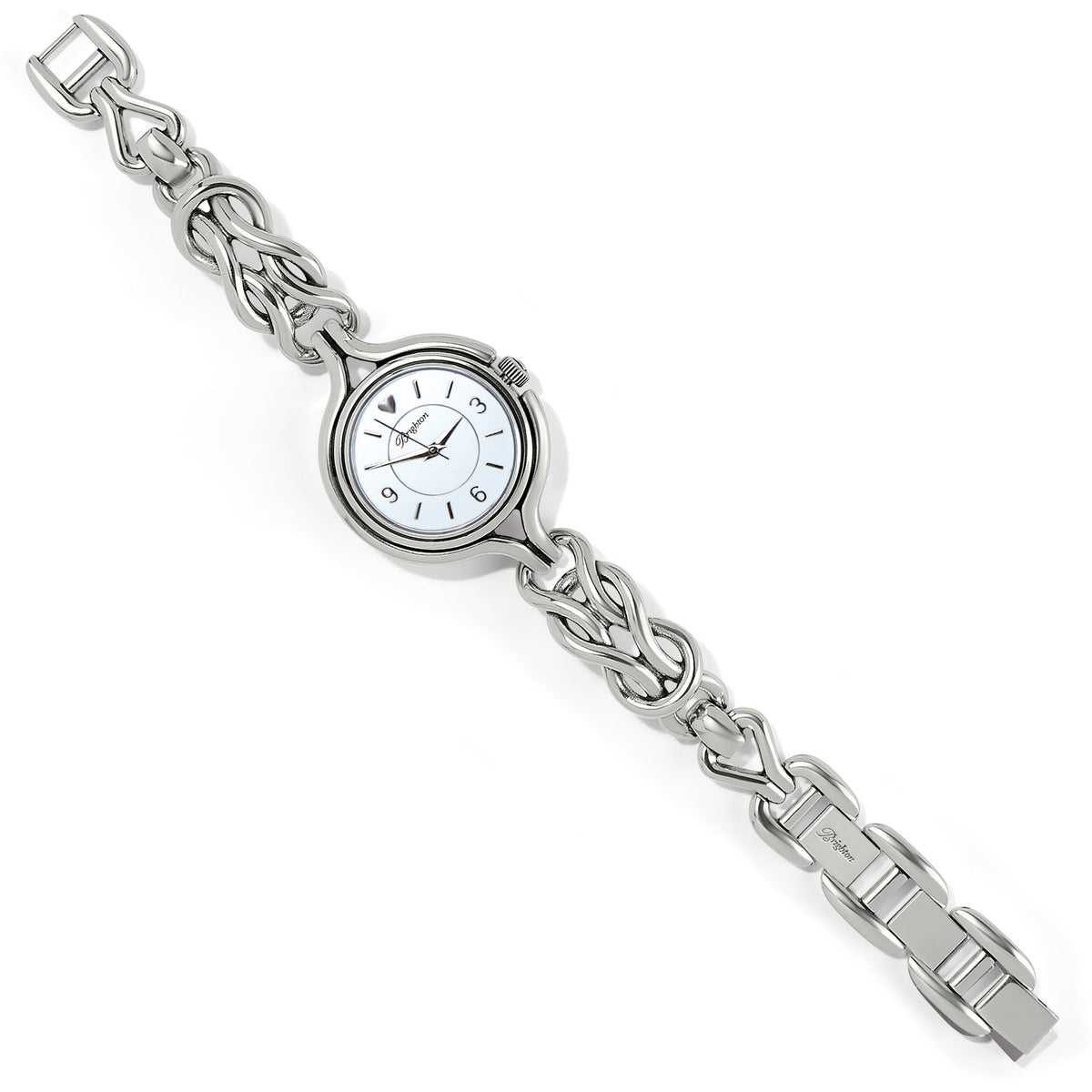 Silver plated Stratford watch with a polished Celtic knot face on a silver link bracelet.