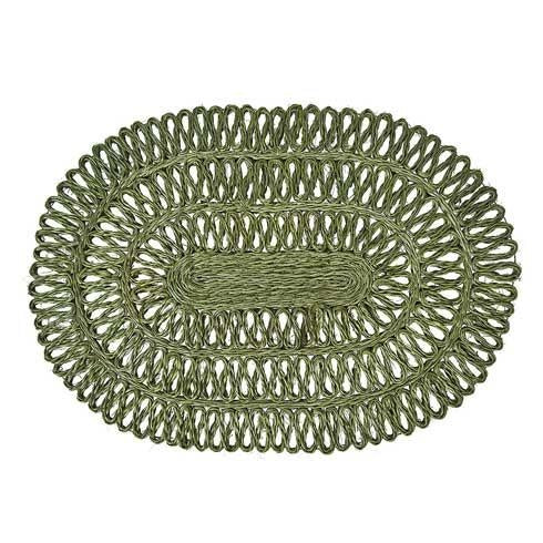 Oval abaca placemat with a natural straw texture and looped edge detail in earthy beige tones.