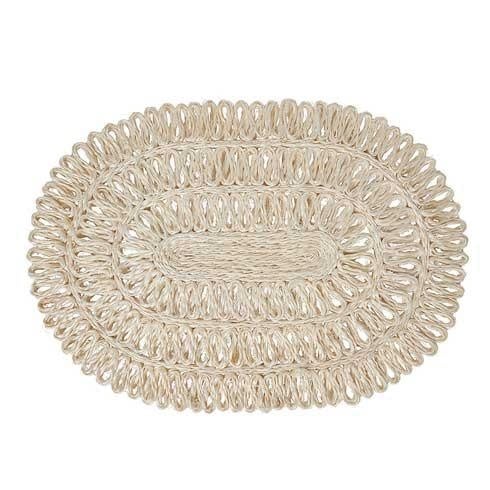 Oval abaca placemat in whitewash straw with a looped edge detail.
