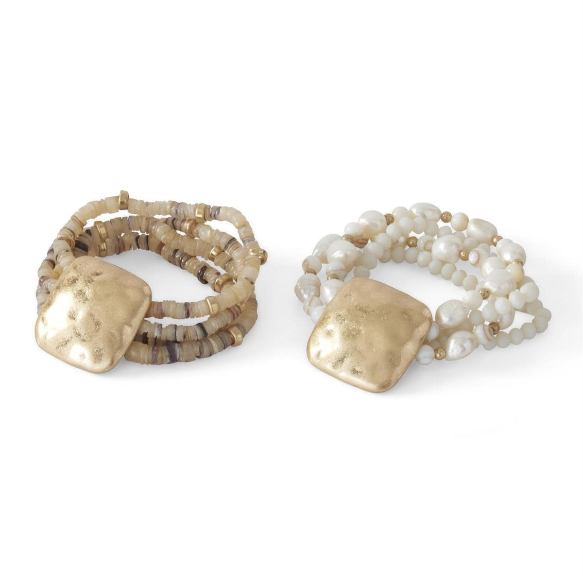Stretch bracelet with four strands of white beads on gold-plated wire