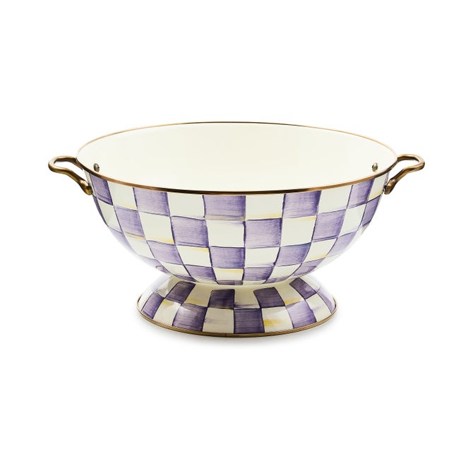 Violet checkered ceramic bowl with a wide rim and tall cylindrical shape.