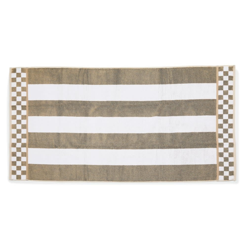 Cotton bath towel with horizontal stripes in contrasting tones.