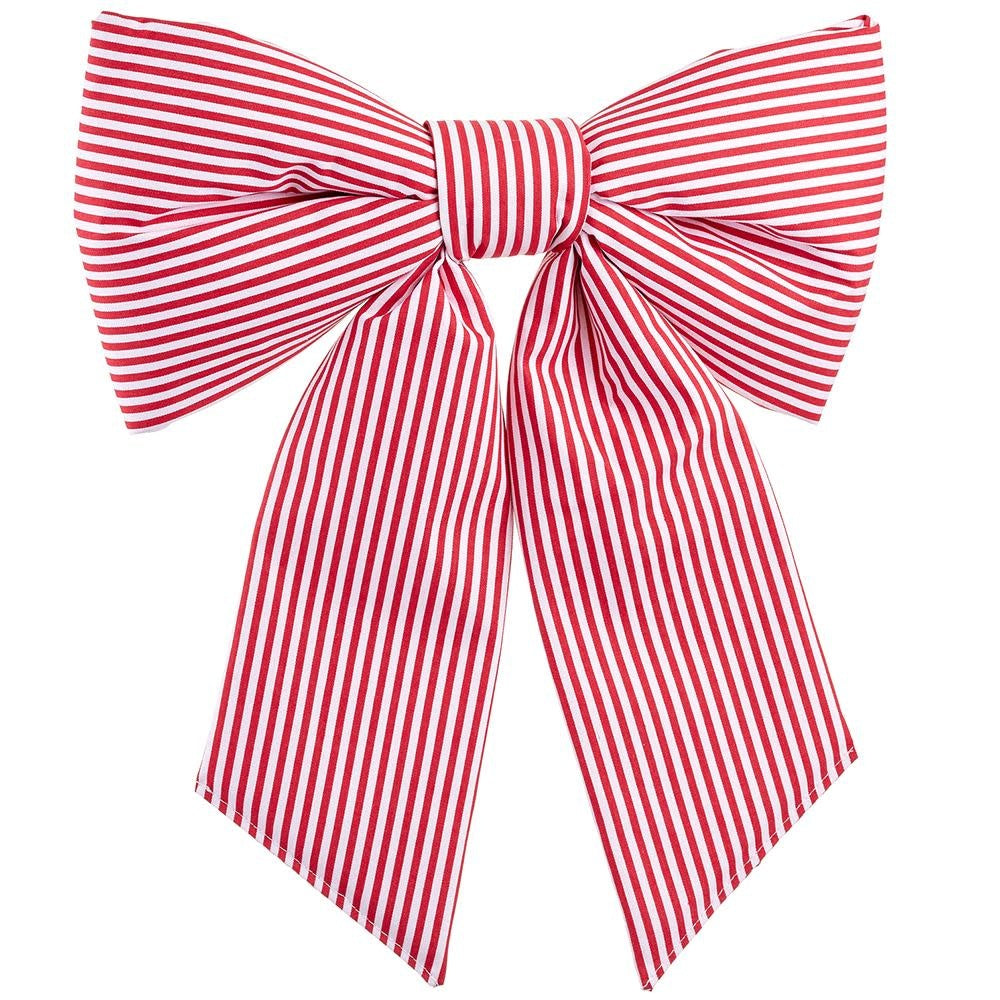 Red and white striped fabric bow with metal clip attachment