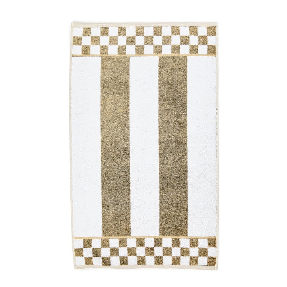 Plush cotton hand towel with contrasting stripe pattern in blue and white.