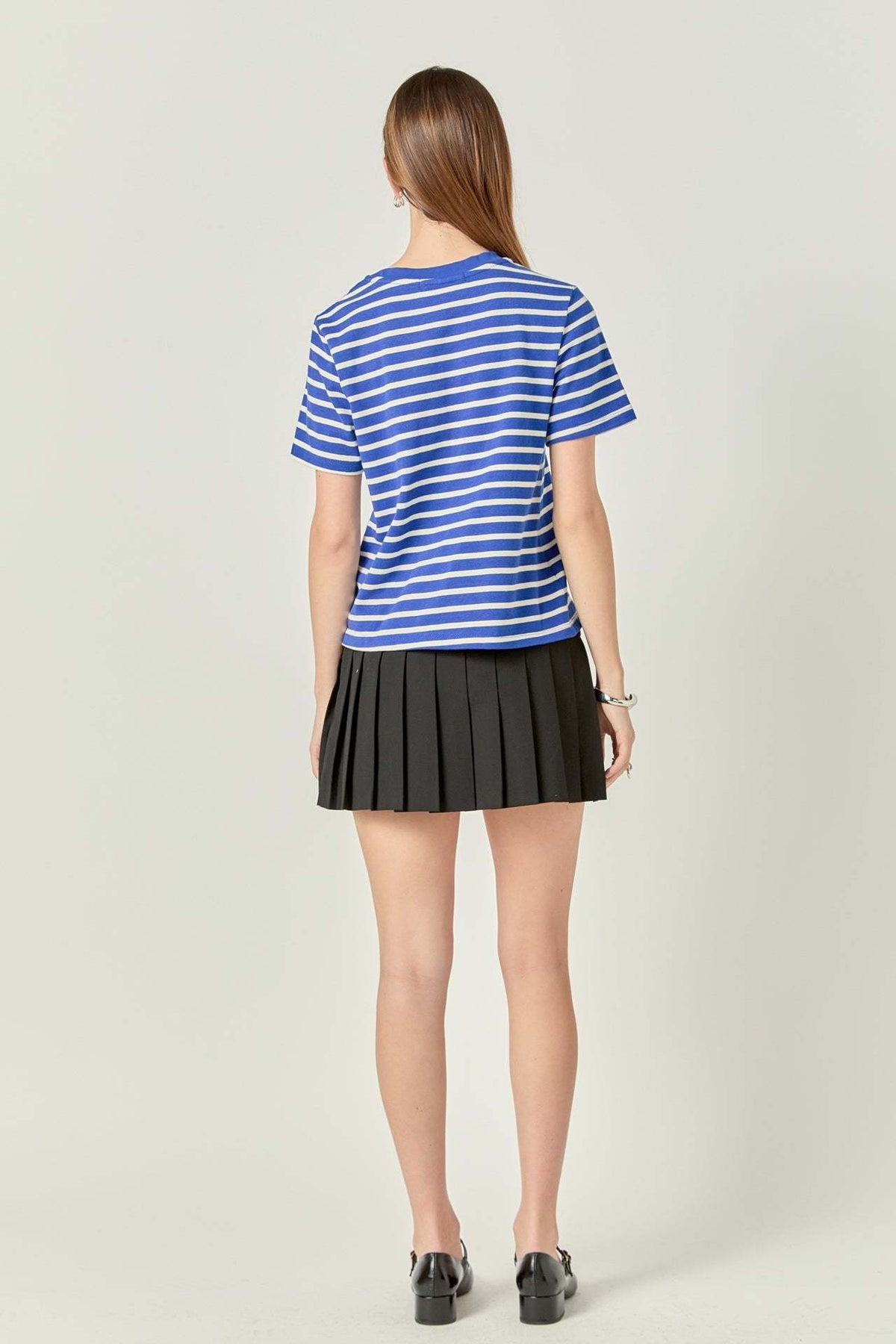 Navy blue Allison Stripe t-shirt with white horizontal stripes, round neckline, short sleeves, and regular fit.