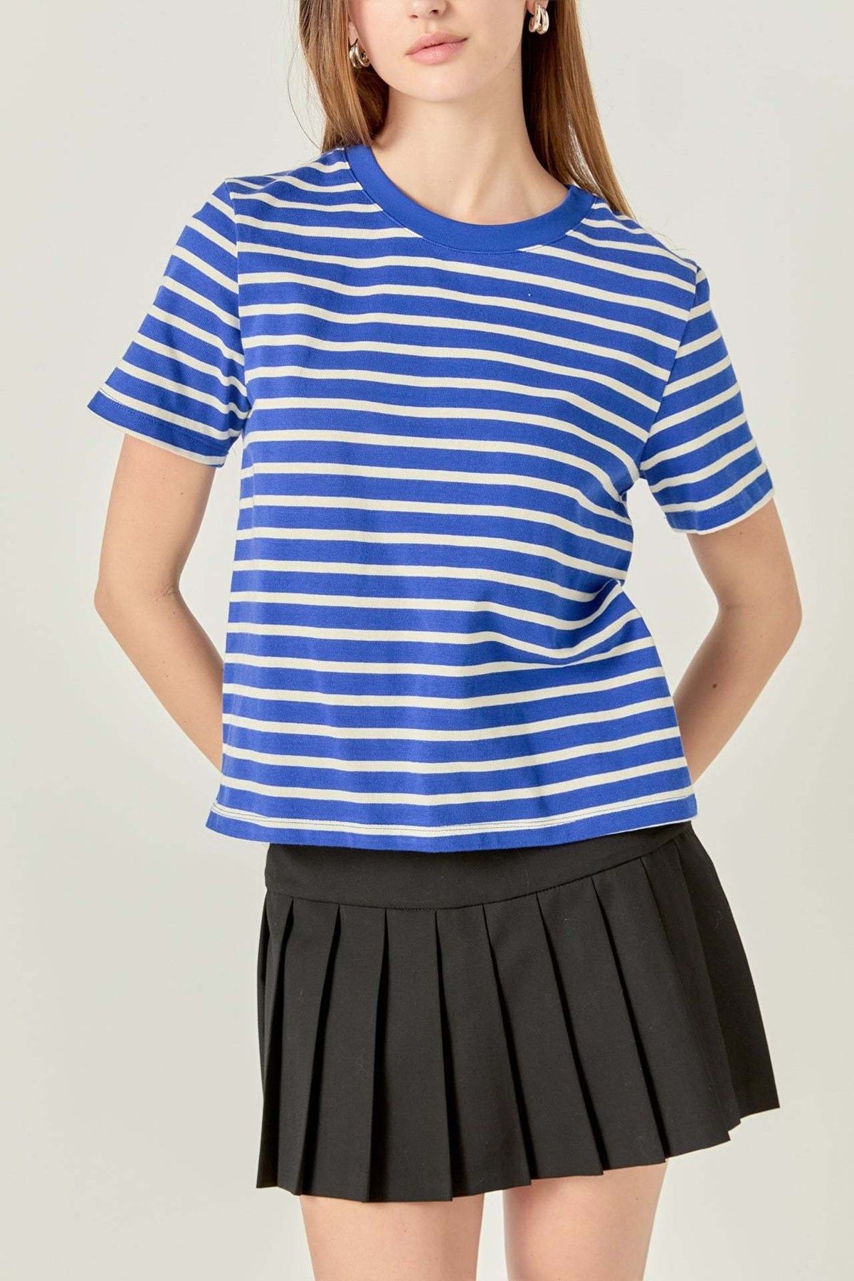 Navy blue Allison Stripe t-shirt with white horizontal stripes, round neckline, short sleeves, and regular fit.