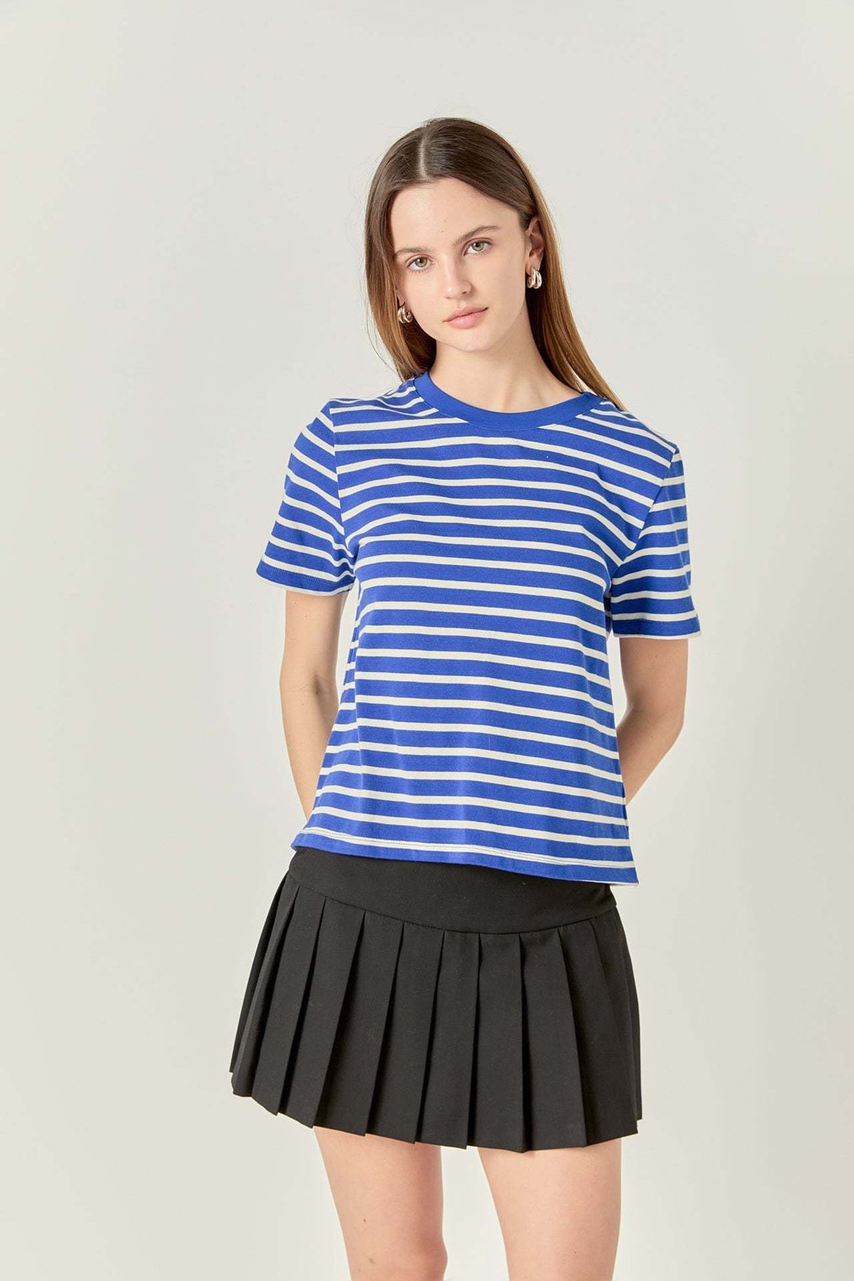 Navy blue cotton t-shirt with white horizontal stripes, round neckline, short sleeves, and regular fit.