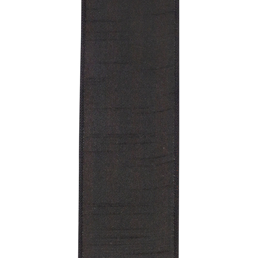 Vertical twill ribbon with black and orange stripes on a wired edge.