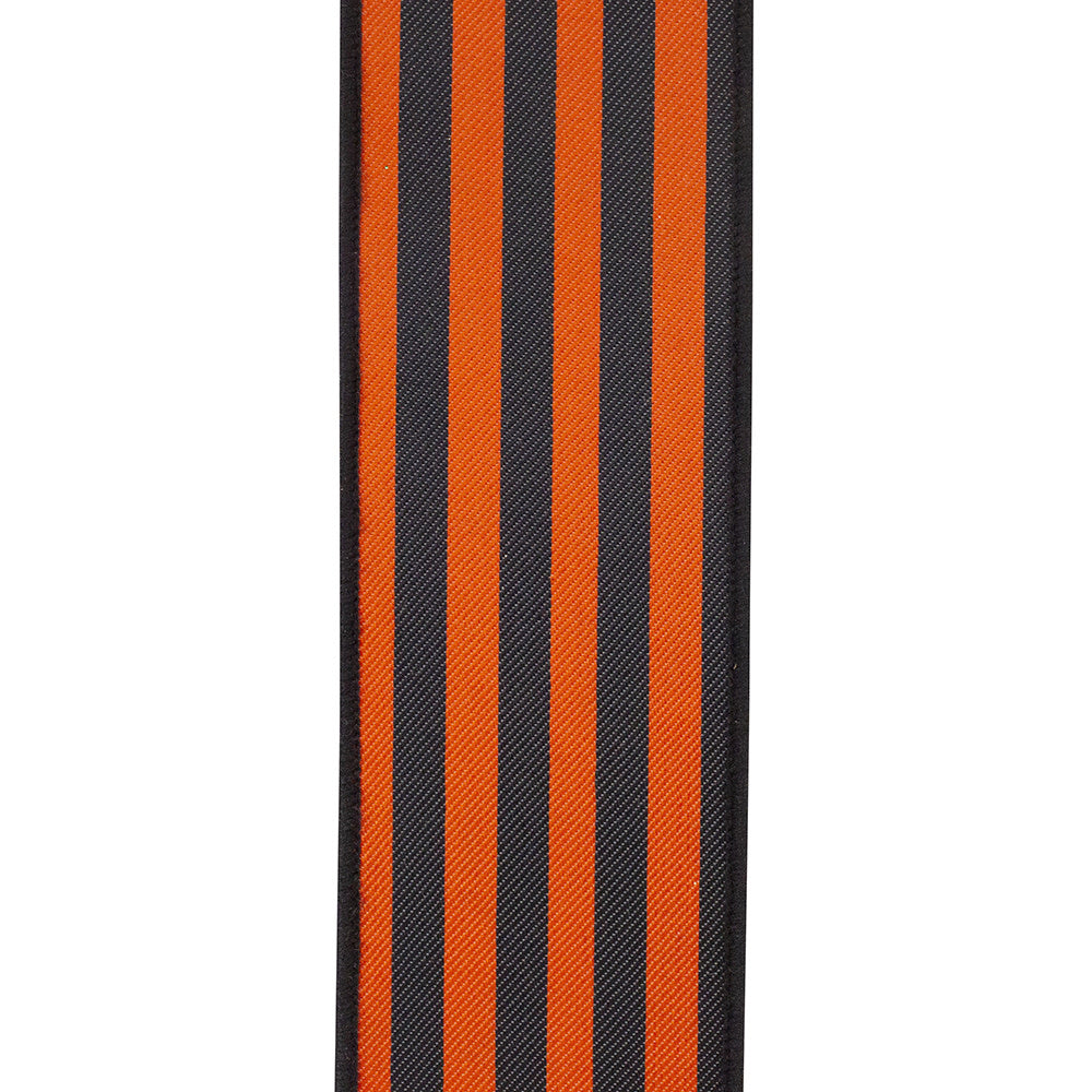 Vertical twill ribbon with black and orange stripes on a wired edge