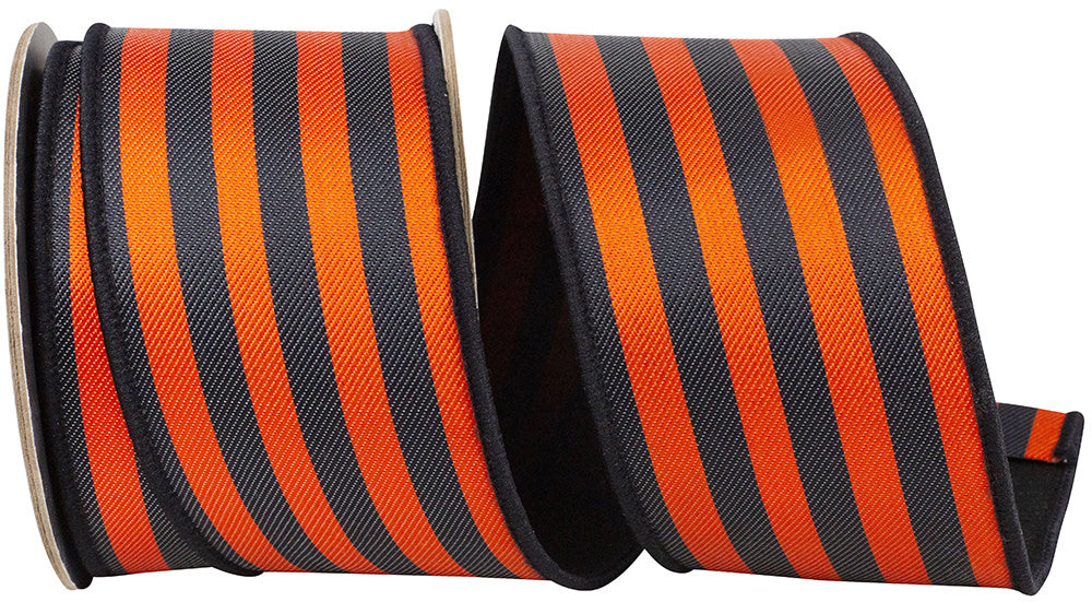 Vertical twill ribbon with black and orange stripes, backed in black dupioni fabric featuring wired edging.